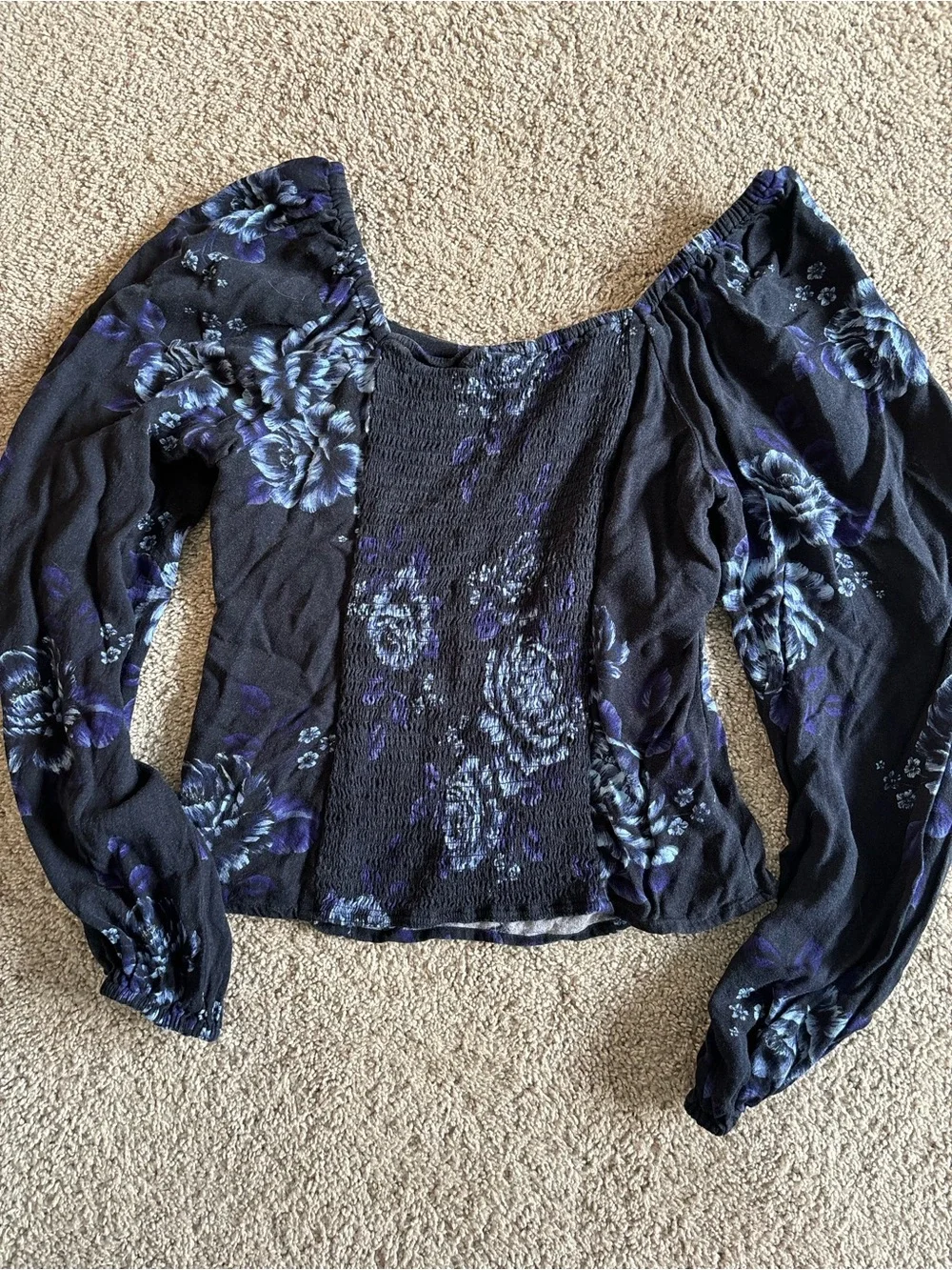 Old Navy Black Floral Peasant Top with Purple Accents